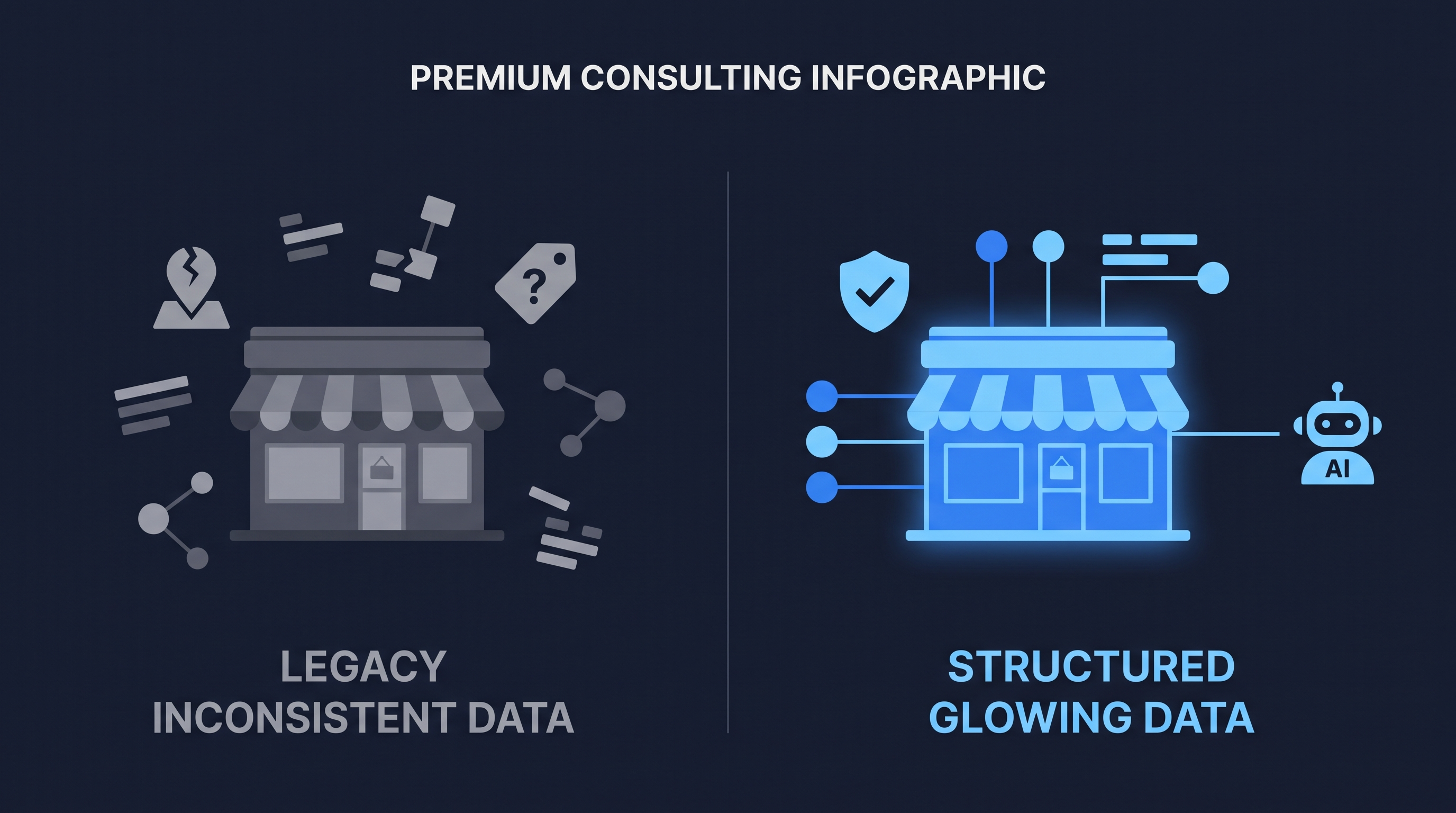 Clean structured business data versus inconsistent legacy data, and how an AI agent resolves or discards each
